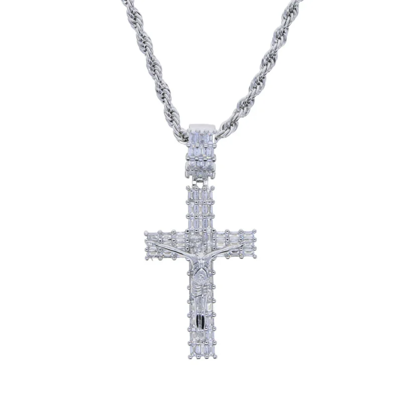 Silver Iced Jesus Crucifixion Cross Necklace