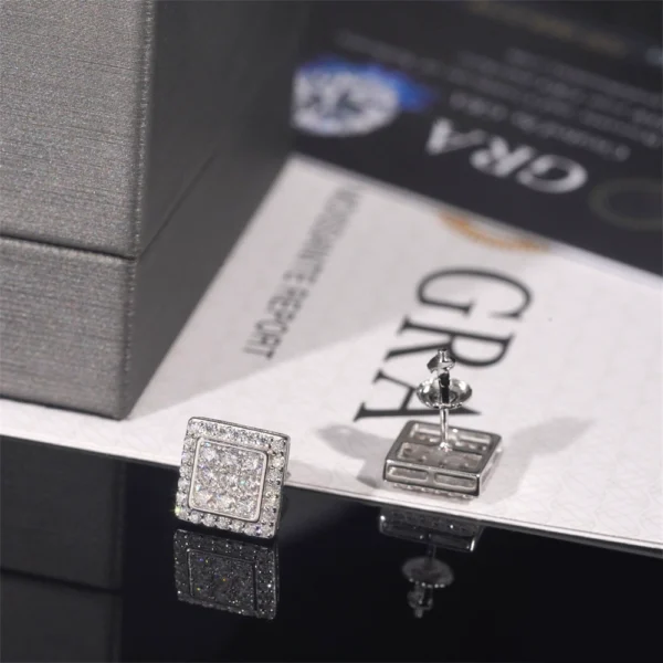 Iced Out VVS Moissanite Silver Square Stud Earrings - Image 2