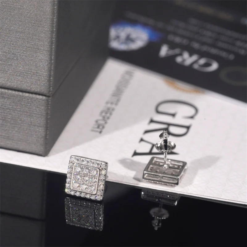 Iced Out VVS Moissanite Silver Square Stud Earrings - Image 2