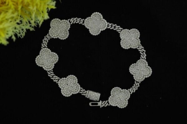 Silver Iced Out Clover Cuban Link Bracelet - Image 5
