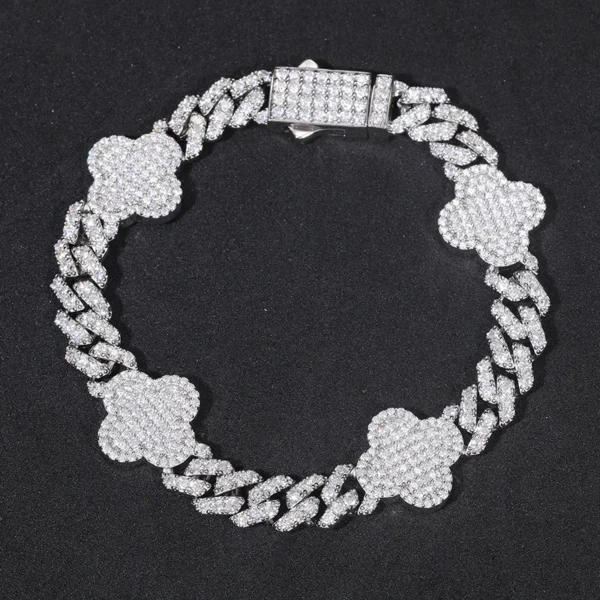 Silver Iced Out Clover Cuban Link Bracelet
