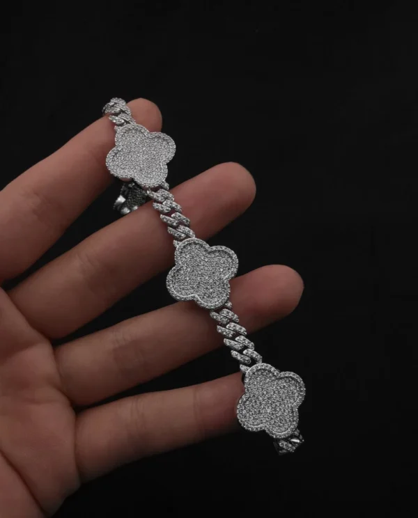 Silver Iced Out Clover Cuban Link Bracelet - Image 2