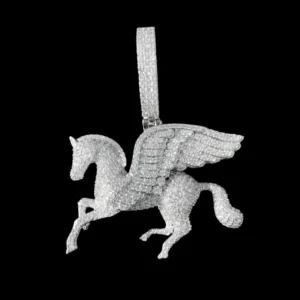 Silver Iced Out Winged Horse Pendant Necklace