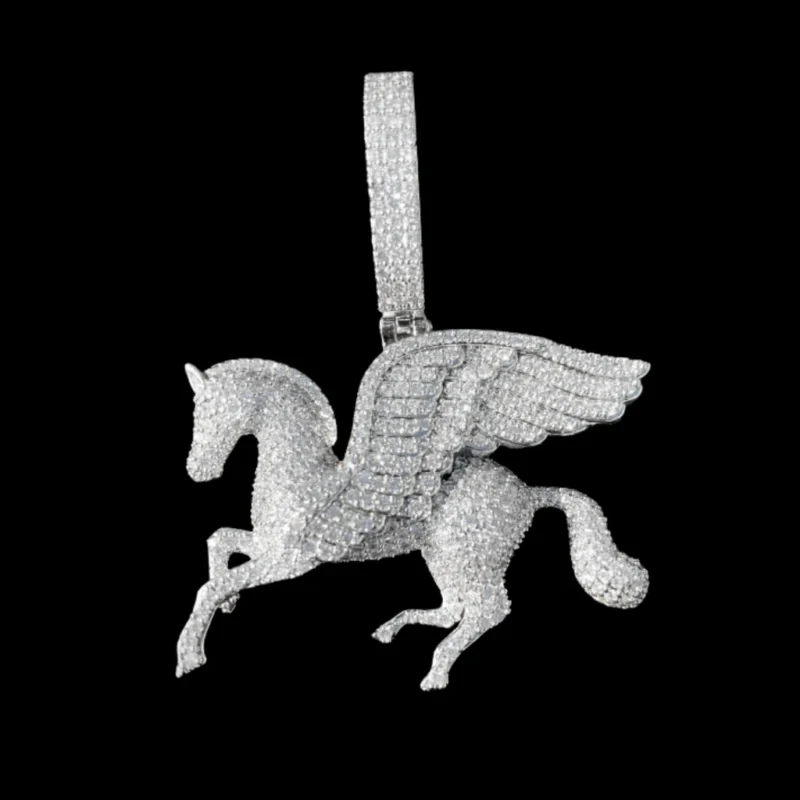 Silver Iced Out Winged Horse Pendant Necklace
