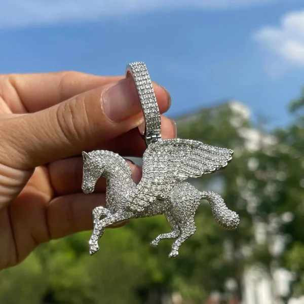 Silver Iced Out Winged Horse Pendant Necklace - Image 3