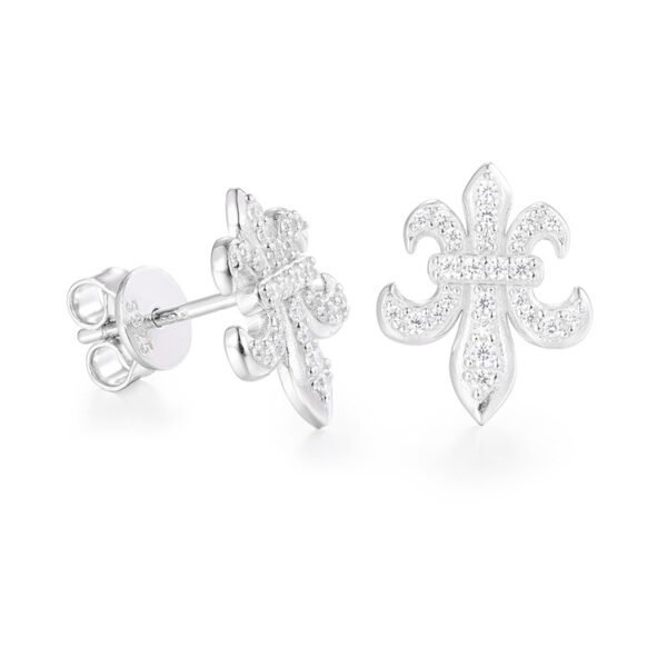 Silver Iced Out VVS Moissanite Fleur-de-Lis Earrings - Image 4